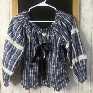 NWT Urban Outfitters Gingham Plaid Blue White Plaid Puff Sleeve Top Blue Size L